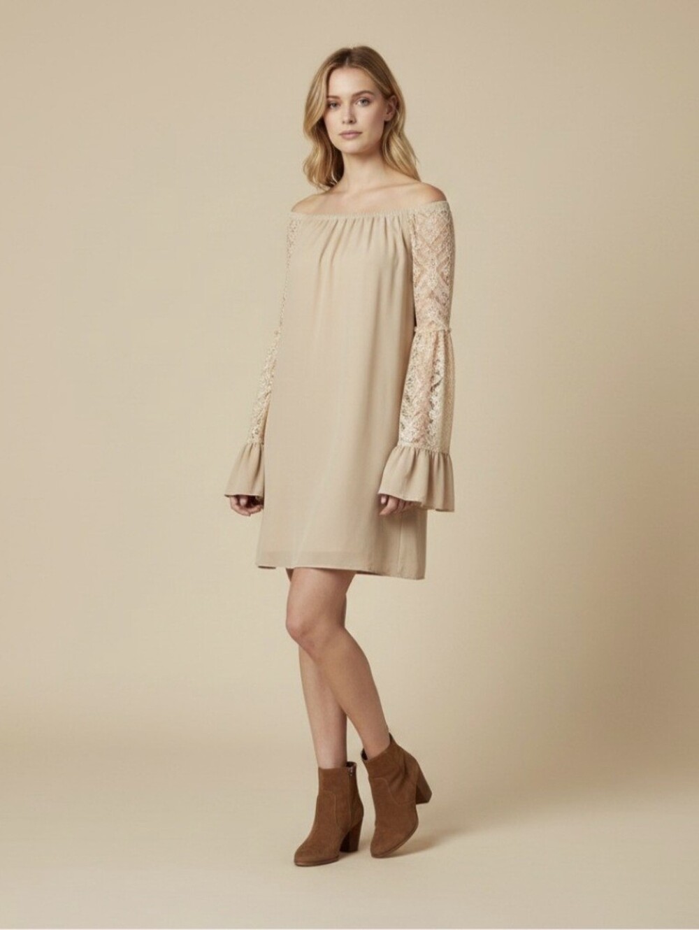 Rachel Kate mini dress size large neutral long sleeve lace boho